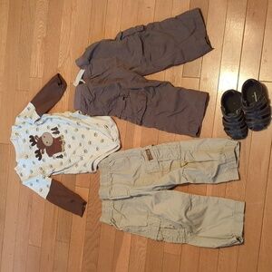 24 months 2T cargo pants and one piece moose pair of shoes size 5 toddler boys